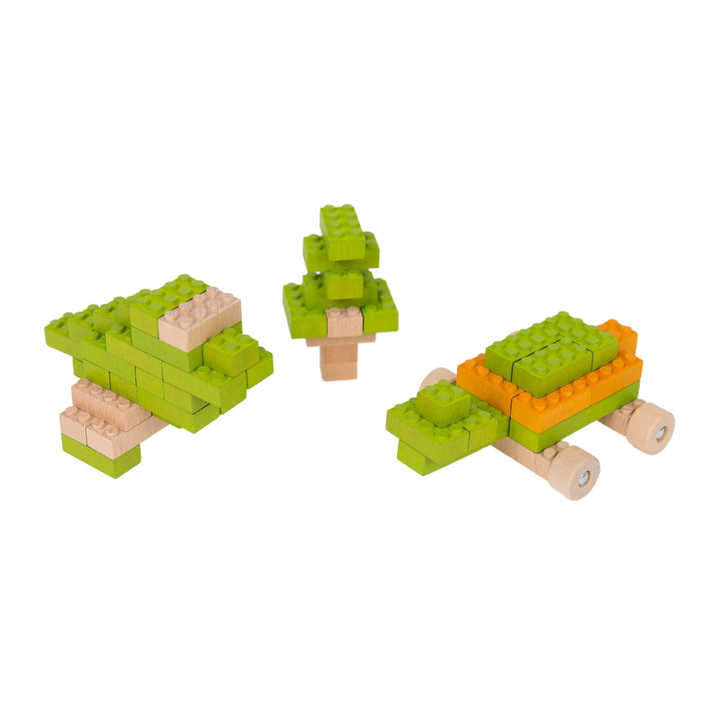 Once Kids Eco-Bricks™ Color made with water based color and biodegradable wooden construction blocks. The Eco-Bricks™ Color 206-piece set is made from Non-Toxic Water-Base Color, a brilliant first step into healthier, greener, construction block fun!  Building Construction toy