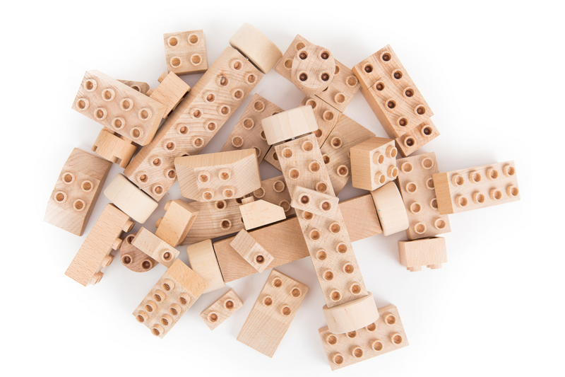 Plus+ Size natural wood bricks for toddlers compatible with plastic bricks
