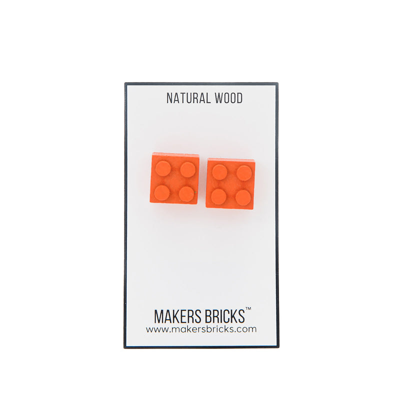 Wooden Brick 2x2 Stud Earrings Orange