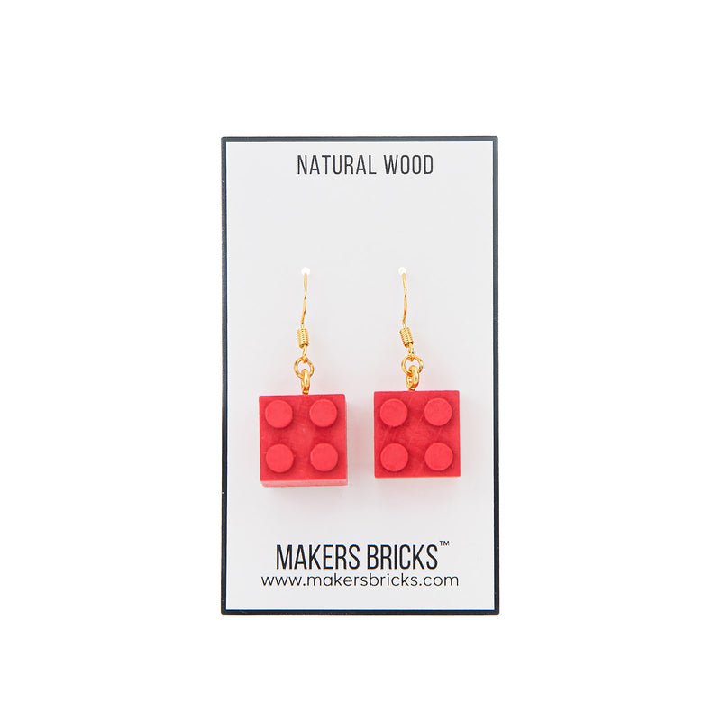 Wooden Brick 2x2  Earrings RED