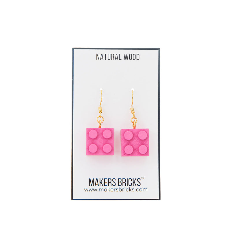 Wooden Brick 2x2 Earrings PINK - Once Kids