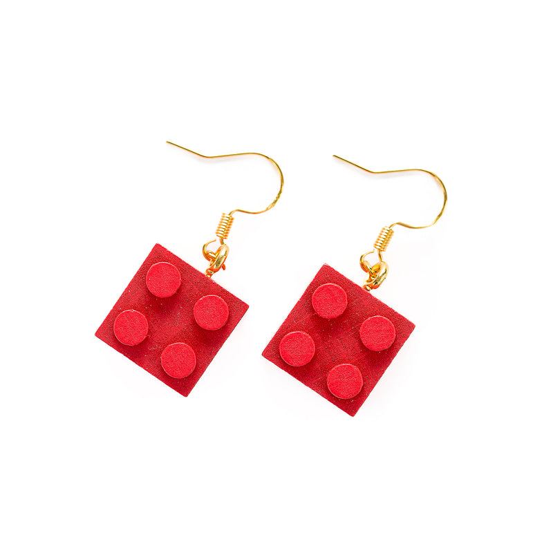 Wooden Brick 2x2  Earrings RED