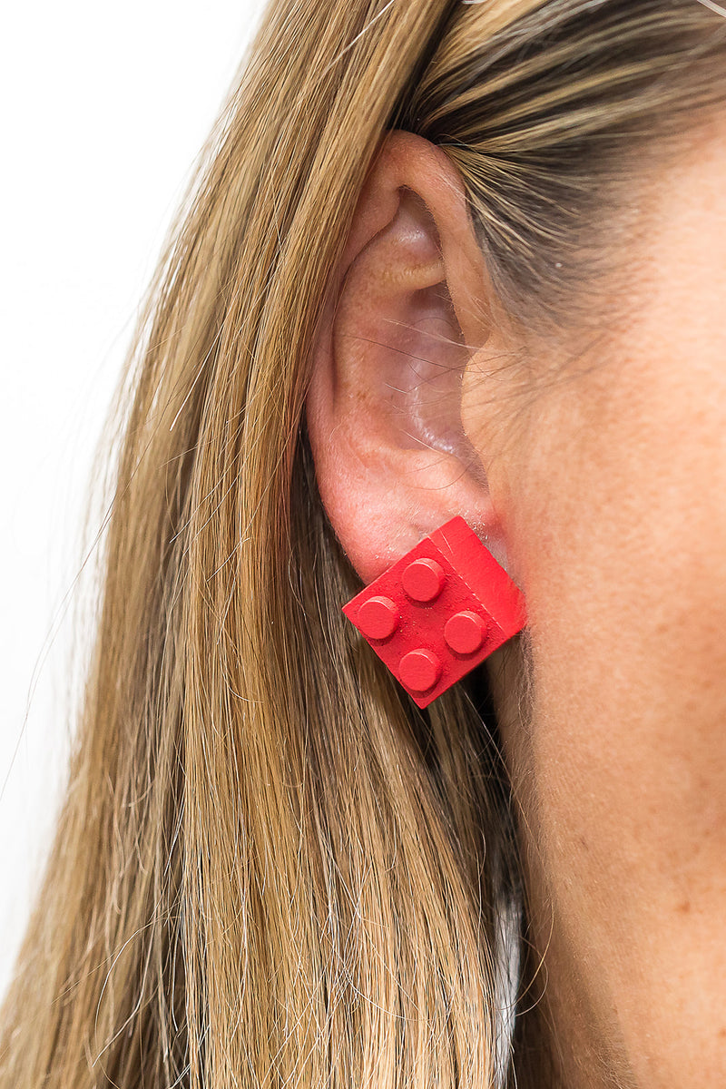 Once Kids Makers Bricks Wooden Brick 2x2 Earring Studs Red