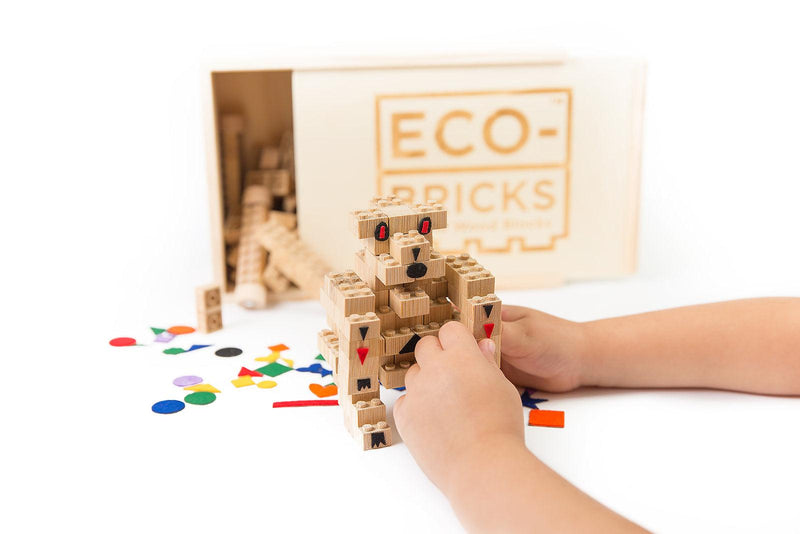 Once Kids Bamboo Bricks 145-Piece set is a brilliant first step into healthier, greener, construction block fun. Eco-bricks™ Bamboo are natural and biodegradable bamboo construction blocks. Felt Stickers are included to add more personalization to your builds. 