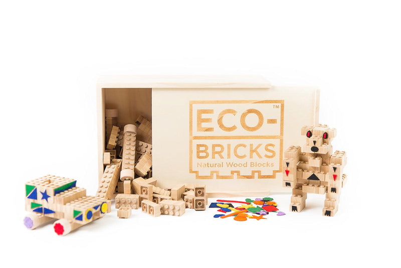 Eco-Bricks™ Bamboo 145-Piece set is a brilliant first step into healthier, greener, construction block fun. Eco-bricks™ Bamboo are natural and biodegradable bamboo construction blocks. Felt Stickers are included to add more personalization to your Builds.