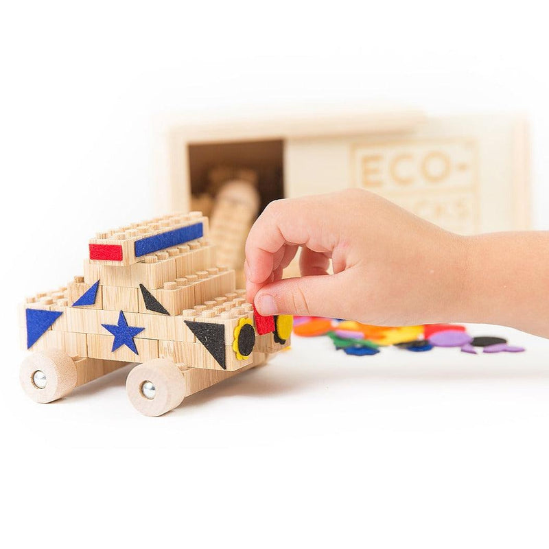 Eco-Bricks™ Bamboo 24-Piece set is a brilliant first step into healthier, greener, construction block fun. Now Including 100% Recycled Felt Stickers to add more personalization! 