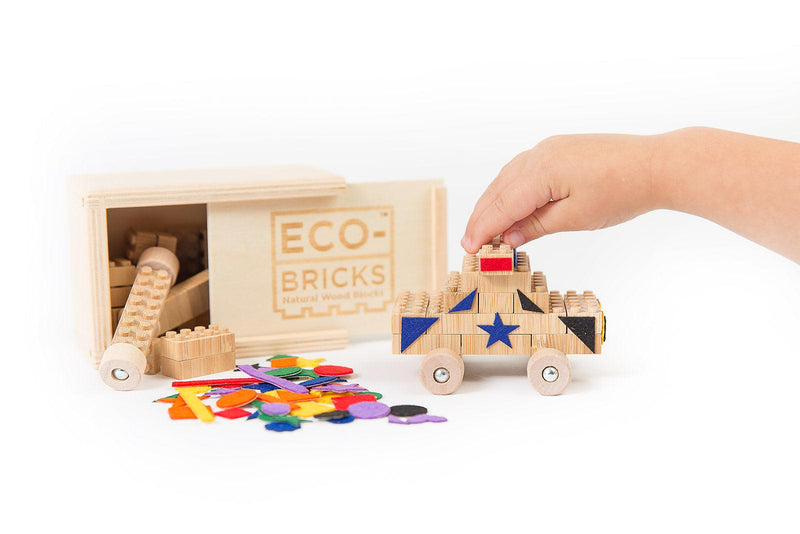 Eco-Bricks™ Bamboo 24-Piece set is a brilliant first step into healthier, greener, construction block fun. Now Including 100% Recycled Felt Stickers to add more personalization! 