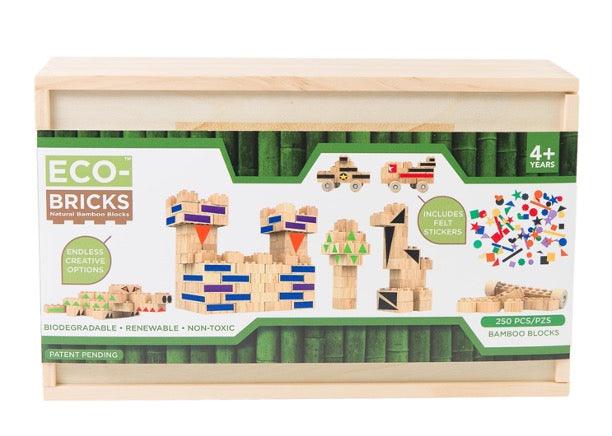 Eco-Bricks™ Bamboo 250-Piece set is a brilliant first step into healthier, greener, construction block fun. Eco-bricks™ Bamboo are natural and biodegradable bamboo construction blocks. Now Including Felt Stickers from 100% recycled water bottles. This allows more personalization to your builds!