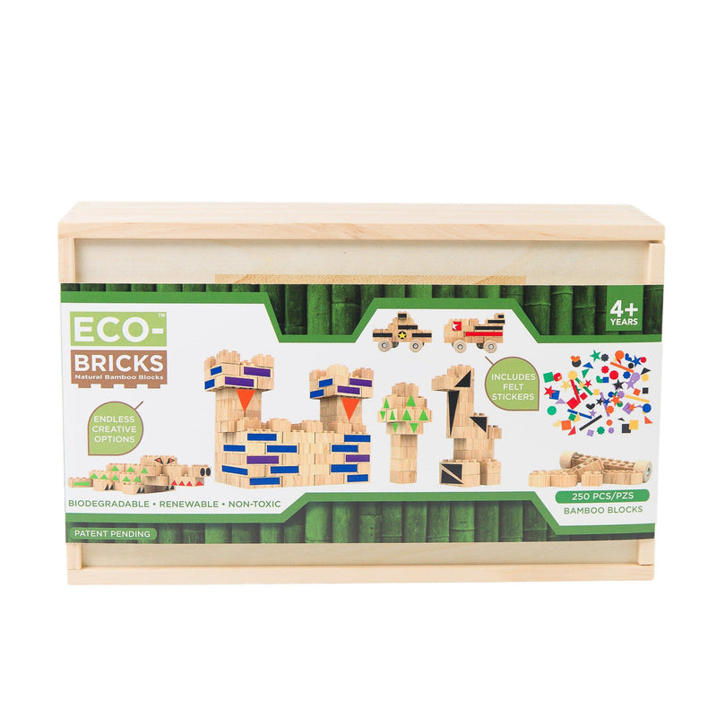 Eco-Bricks™ Bamboo 250-Piece set is a brilliant first step into healthier, greener, construction block fun. Eco-bricks™ Bamboo are natural and biodegradable bamboo construction blocks. Now Including Felt Stickers from 100% recycled water bottles. This allows more personalization to your builds!