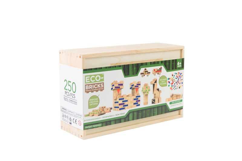 Eco-Bricks™ Bamboo 250-Piece set is a brilliant first step into healthier, greener, construction block fun. Eco-bricks™ Bamboo are natural and biodegradable bamboo construction blocks. Now Including Felt Stickers from 100% recycled water bottles. This allows more personalization to your builds!