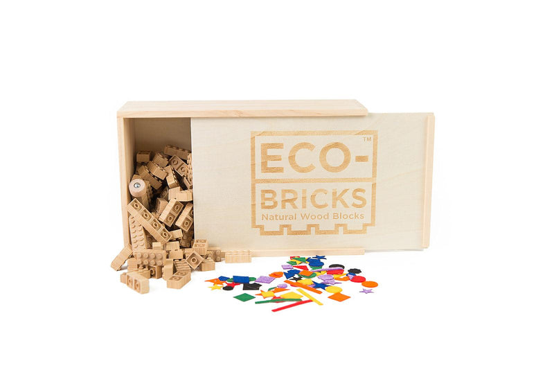 Eco-Bricks™ Bamboo 250-Piece set is a brilliant first step into healthier, greener, construction block fun. Eco-bricks™ Bamboo are natural and biodegradable bamboo construction blocks. Now Including Felt Stickers from 100% recycled water bottles. This allows more personalization to your builds!