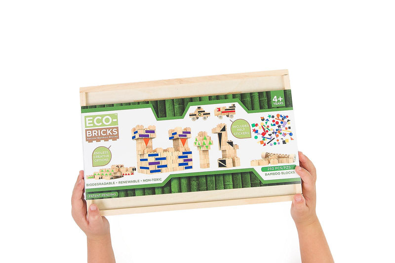 Eco-Bricks™ Bamboo 250-Piece set is a brilliant first step into healthier, greener, construction block fun. Eco-bricks™ Bamboo are natural and biodegradable bamboo construction blocks. Now Including Felt Stickers from 100% recycled water bottles. This allows more personalization to your builds!