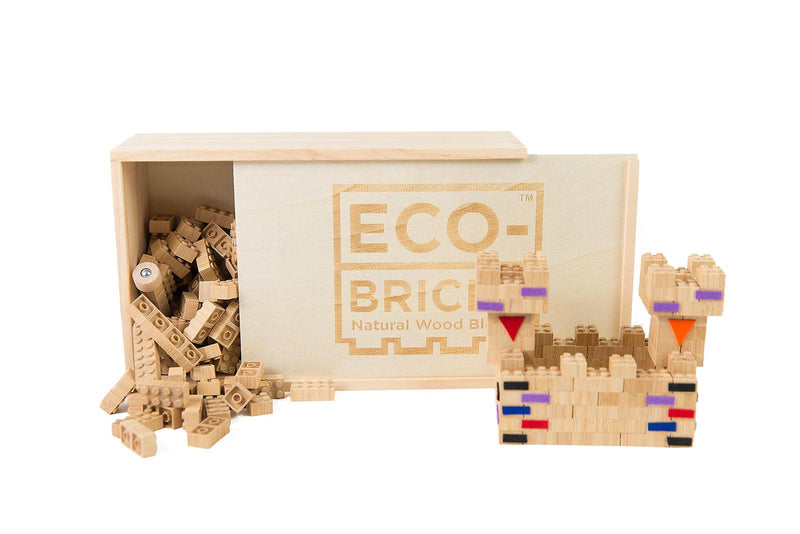 Eco-Bricks™ Bamboo 250-Piece set, in a Laser engraved storage box. With felt stickers!