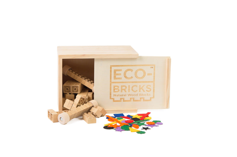Eco-Bricks™ Bamboo 45-Piece set is a brilliant first step into healthier, greener, construction block fun. Eco-bricks™ Bamboo are natural and biodegradable bamboo construction blocks. Now Including Felt Stickers from 100% recycled water bottles. This allows more personalization to your builds!