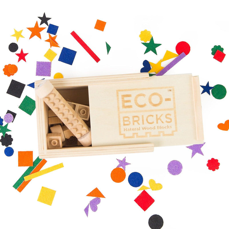 Eco-Bricks™ Bamboo 45-Piece set is a brilliant first step into healthier, greener, construction block fun. Eco-bricks™ Bamboo are natural and biodegradable bamboo construction blocks. Now Including Felt Stickers from 100% recycled water bottles. This allows more personalization to your builds!