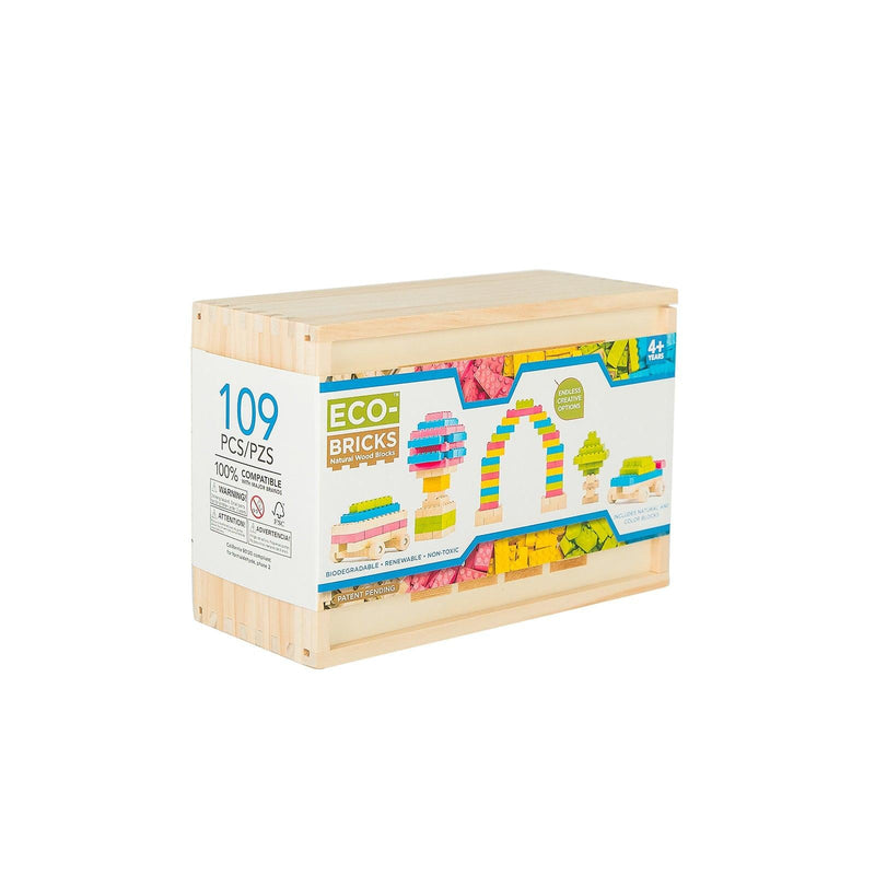 Once Kids Eco-Bricks™ Color 109-piece set is made from Non-Toxic Water-Base Color, a brilliant first step into healthier, greener, construction block fun building toy