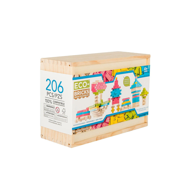 Once Kids Eco-Bricks™ Color made with water based color and biodegradable wooden construction blocks. The Eco-Bricks™ Color 206-piece set is made from Non-Toxic Water-Base Color, a brilliant first step into healthier, greener, construction block fun!  Building Construction toy