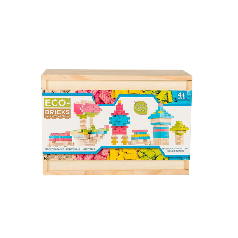 Once Kids Eco-Bricks™ Color made with water based color and biodegradable wooden construction blocks. The Eco-Bricks™ Color 206-piece set is made from Non-Toxic Water-Base Color, a brilliant first step into healthier, greener, construction block fun!  Building Construction toy