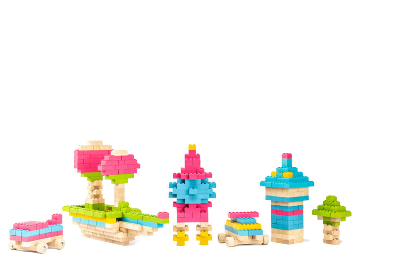 Once Kids Eco-Bricks™ Color made with water based color and biodegradable wooden construction blocks. The Eco-Bricks™ Color 206-piece set is made from Non-Toxic Water-Base Color, a brilliant first step into healthier, greener, construction block fun!  Building Construction toy