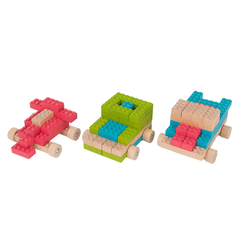 Once Kids Eco-Bricks™ Color made with water based color and biodegradable wooden construction blocks. The Eco-Bricks™ Color 206-piece set is made from Non-Toxic Water-Base Color, a brilliant first step into healthier, greener, construction block fun!  Building Construction toy