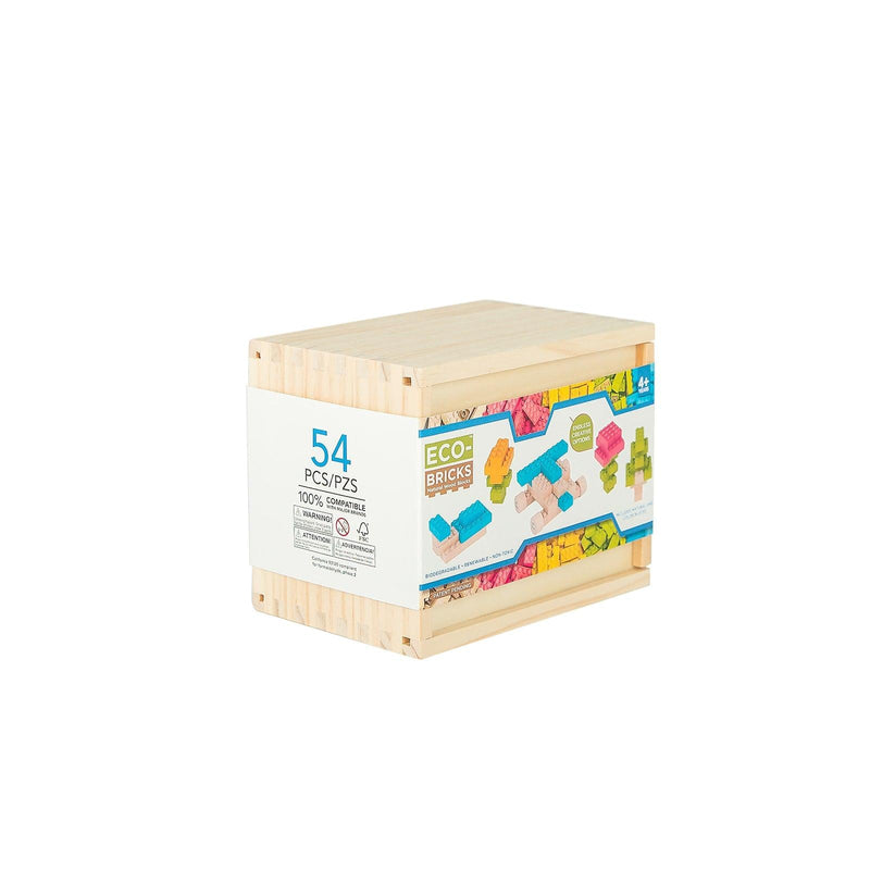 Once Kids Eco-Bricks™ Color made with water based color and biodegradable wooden construction blocks. The Eco-Bricks™ Color 54-piece set is made from Non-Toxic Water-Base Color, a brilliant first step into healthier, greener, construction block fun! Building Construction toy